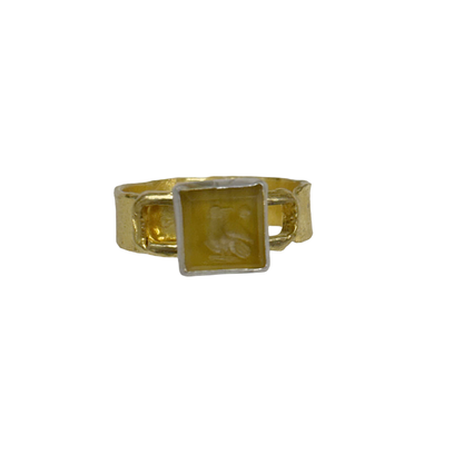 ARTIZ | 'Small Carved Ring'- Bird | yellow square stone | silver + bronze | hand carved surface