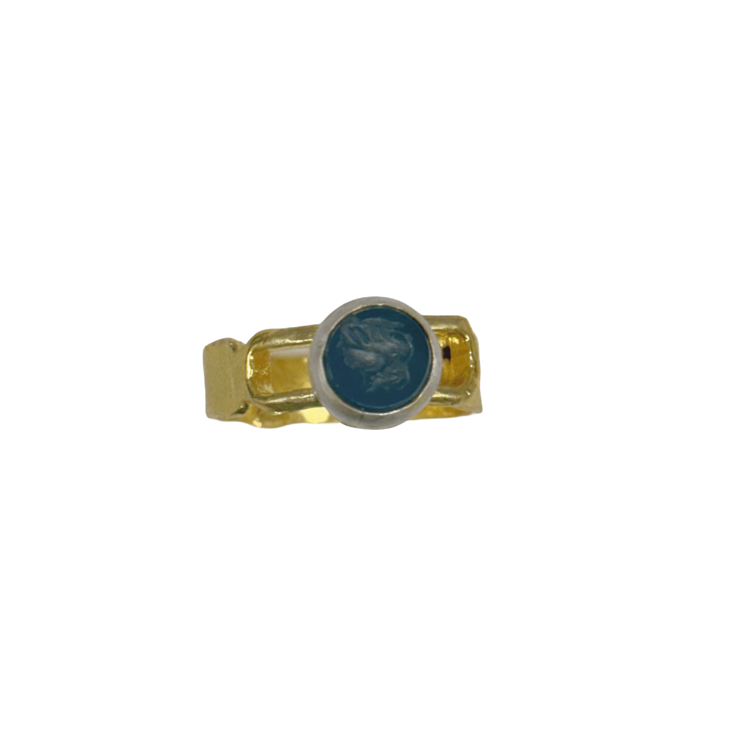 ARTIZ | 'Small Carved Ring'- Bird | aqua round stone | silver + bronze | hand carved surface