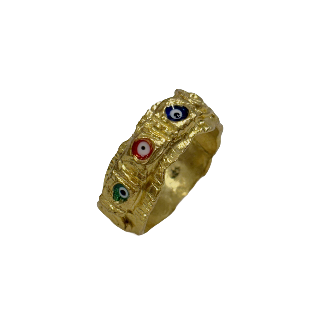 ARTIZ | 'Triple Nazar Ring' | blue, red, green evil eyes | Enamel + bronze