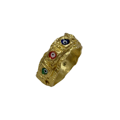 ARTIZ | 'Triple Nazar Ring' | blue, red, green evil eyes | Enamel + bronze
