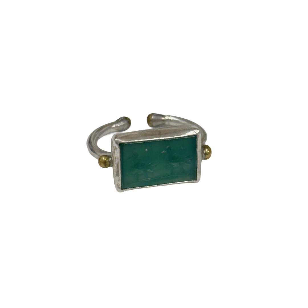 ARTIZ | 'Carved Ring'- Two Birds | green rectangle stone | silver + bronze | hand carved surface