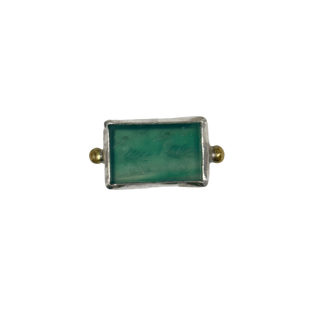 ARTIZ | 'Carved Ring'- Two Birds | green rectangle stone | silver + bronze | hand carved surface
