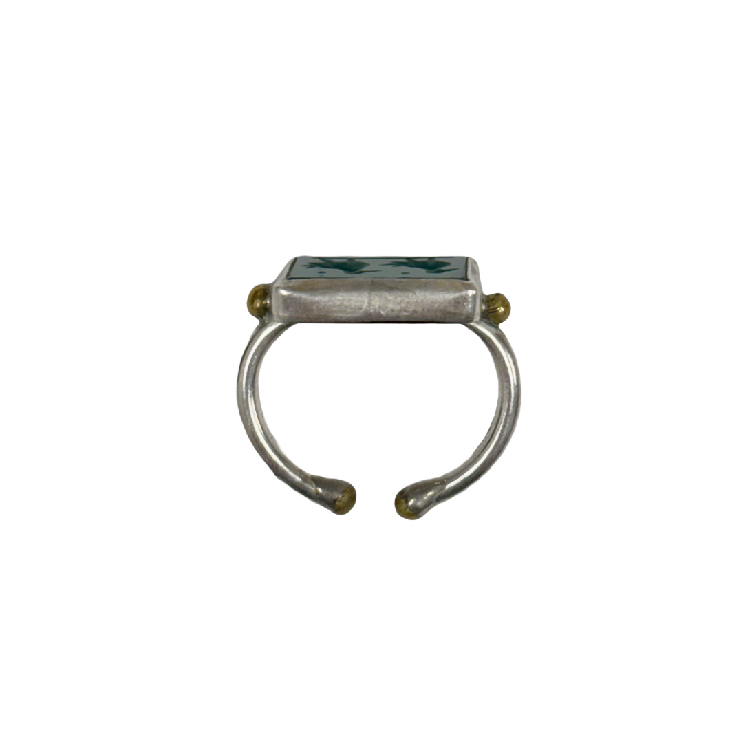 ARTIZ | 'Carved Ring'- Two Birds | green rectangle stone | silver + bronze | hand carved surface