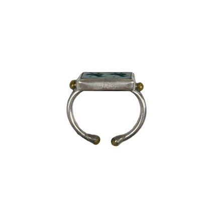 ARTIZ | 'Carved Ring'- Two Birds | green rectangle stone | silver + bronze | hand carved surface