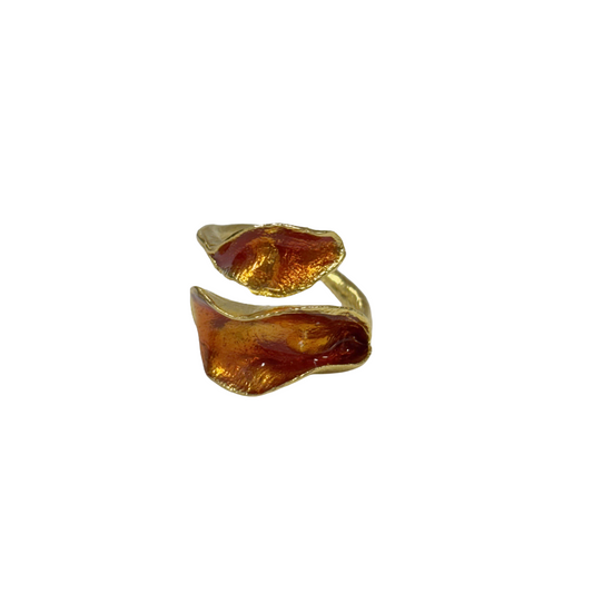 ARTIZ | 'Orange Enamel Split Leaf Ring (M)' | Gold plated bronze / enamel