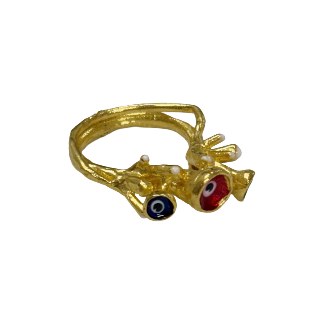 ARTIZ | 'Nazar Cluster Ring' | blue, red, green evil eyes | Gold plated bronze / enamel