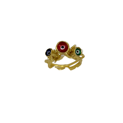 ARTIZ | 'Nazar Cluster Ring' | blue, red, green evil eyes | Gold plated bronze / enamel