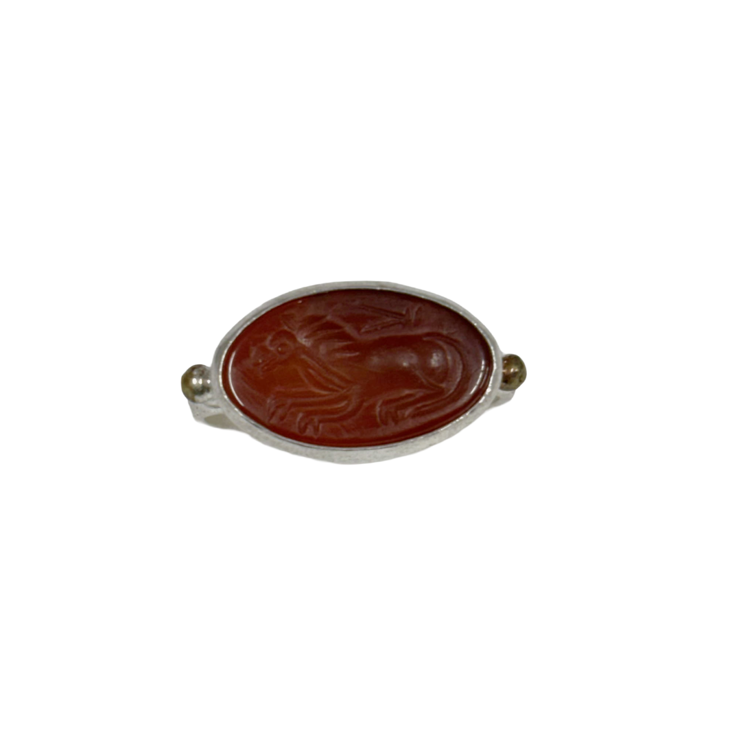 ARTIZ | 'Carved Ring'- Horse | orange oval stone | silver + bronze | hand carved surface