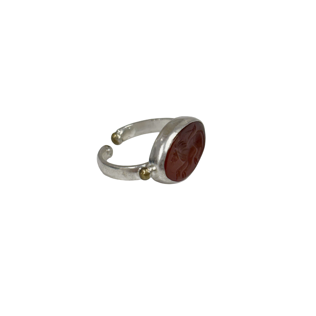 ARTIZ | 'Carved Ring'- Horse | orange oval stone | silver + bronze | hand carved surface