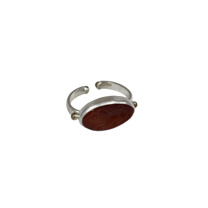 ARTIZ | 'Carved Ring'- Horse | orange oval stone | silver + bronze | hand carved surface