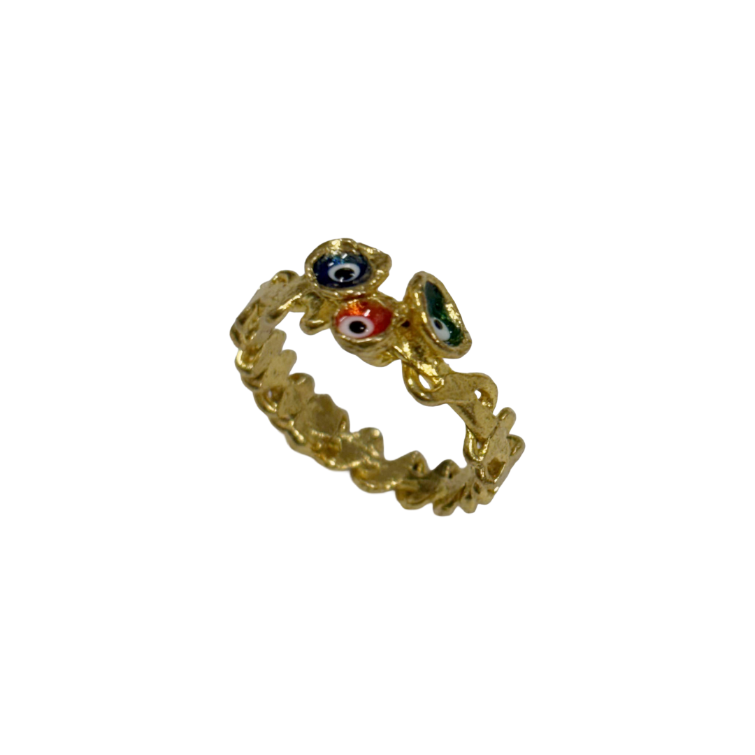 ARTIZ | 'Nazar Wrapped Band Ring' | blue, red, green evil eyes | gold plated bronze / enamel