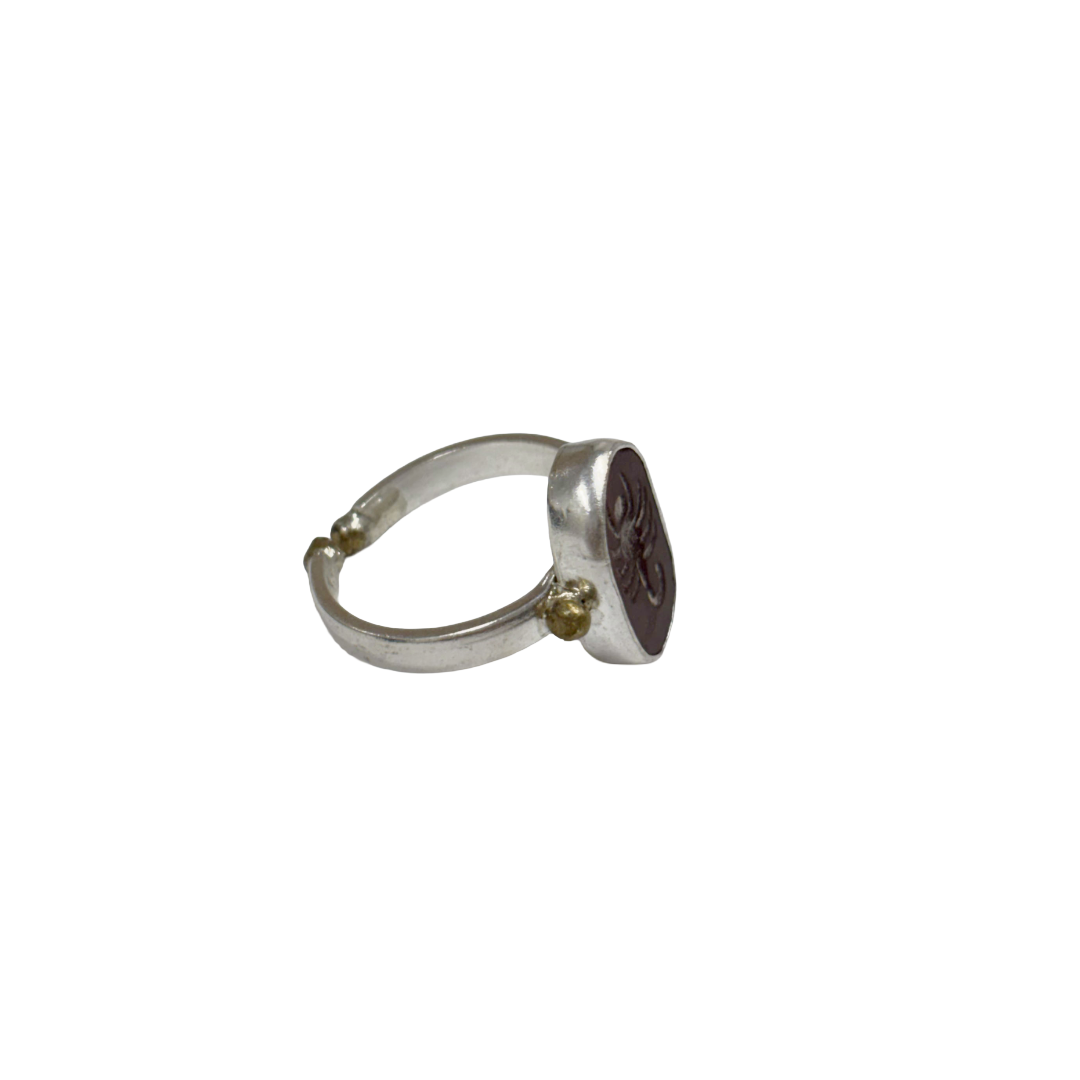 ARTIZ | 'Carved Ring'- Scorpion | amber oval stone | silver + bronze | hand carved surface