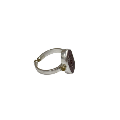 ARTIZ | 'Carved Ring'- Scorpion | amber oval stone | silver + bronze | hand carved surface