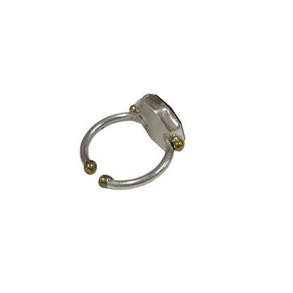 ARTIZ | 'Carved Ring'- Stag | red octagonal stone | silver + bronze | hand carved surface