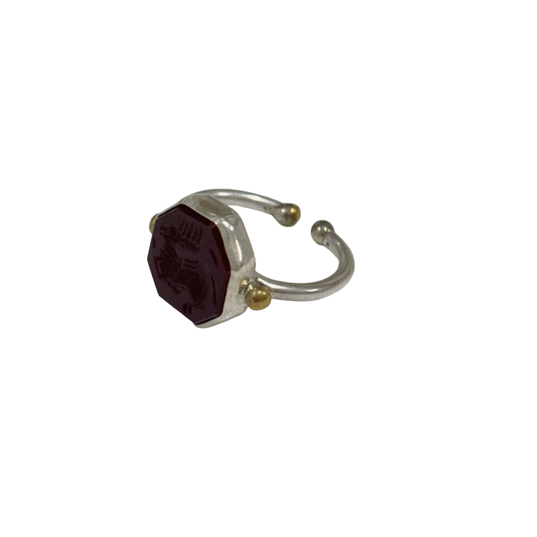 ARTIZ | 'Carved Ring'- Stag | red octagonal stone | silver + bronze | hand carved surface