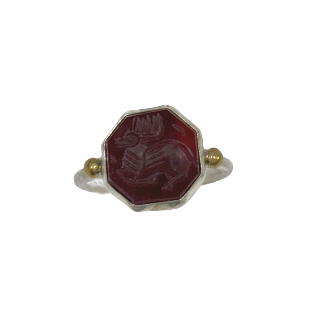 ARTIZ | 'Carved Ring'- Stag | red octagonal stone | silver + bronze | hand carved surface
