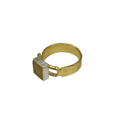 ARTIZ | 'Small Carved Ring'- Bird | yellow square stone | silver + bronze | hand carved surface