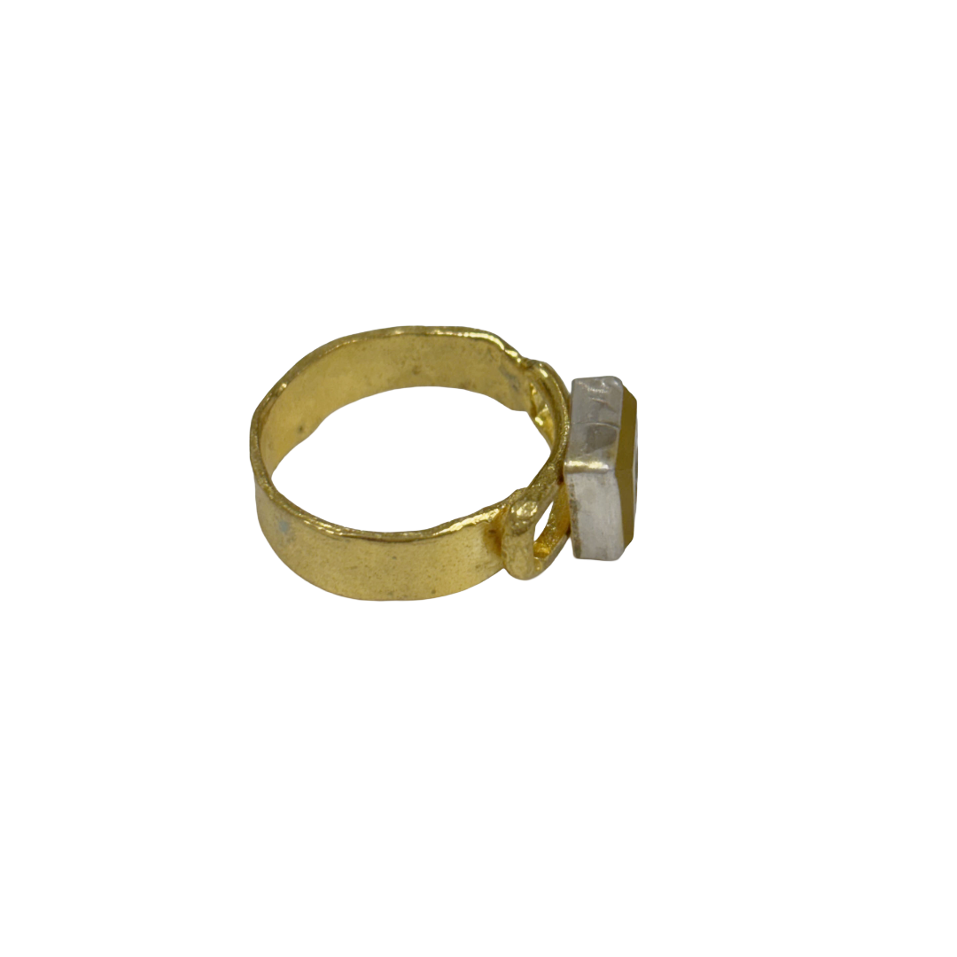 ARTIZ | 'Small Carved Ring'- Bird | yellow square stone | silver + bronze | hand carved surface