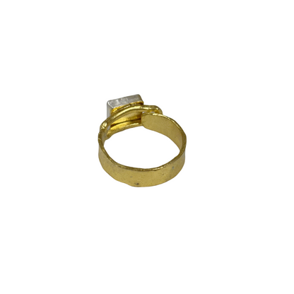 ARTIZ | 'Small Carved Ring'- Bird | yellow square stone | silver + bronze | hand carved surface