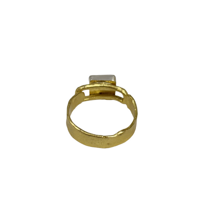 ARTIZ | 'Small Carved Ring'- Flower | pale green square stone | silver + bronze | hand carved surface