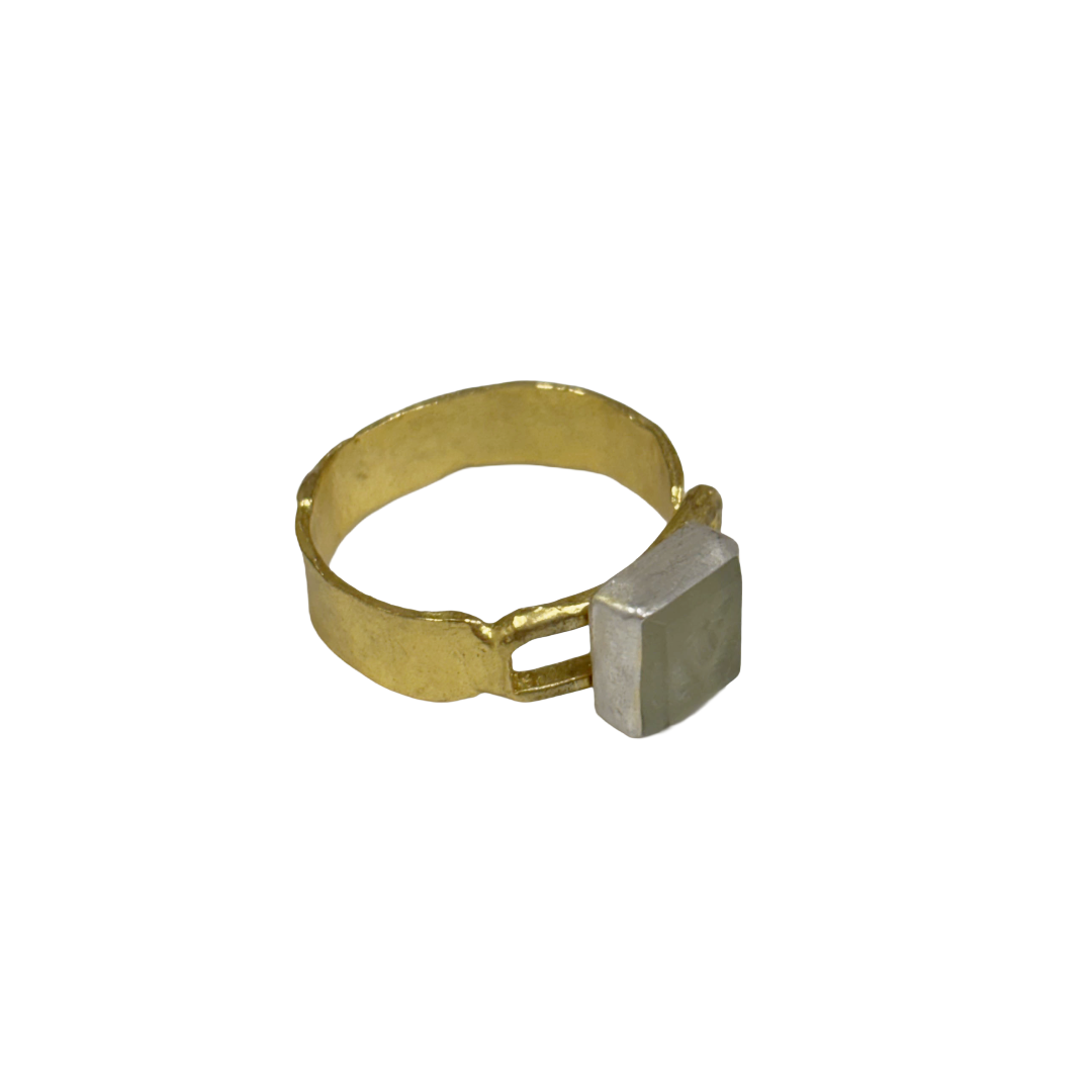 ARTIZ | 'Small Carved Ring'- Flower | pale green square stone | silver + bronze | hand carved surface