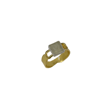 ARTIZ | 'Small Carved Ring'- Flower | pale green square stone | silver + bronze | hand carved surface