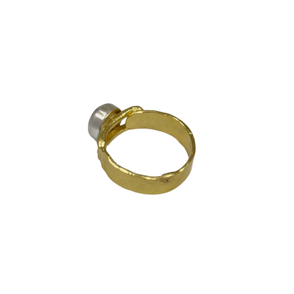 ARTIZ | 'Small Carved Ring'- Bird | aqua round stone | silver + bronze | hand carved surface