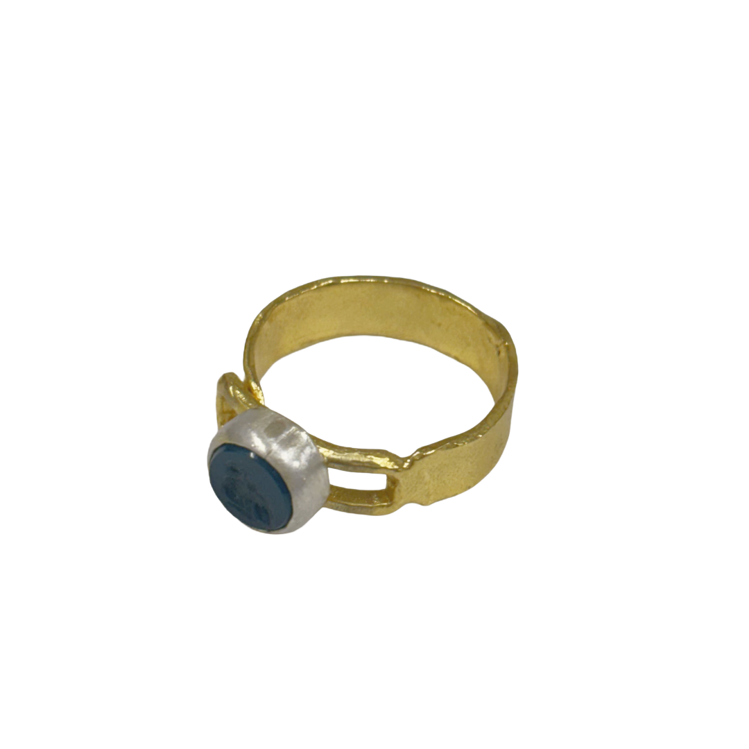 ARTIZ | 'Small Carved Ring'- Bird | aqua round stone | silver + bronze | hand carved surface