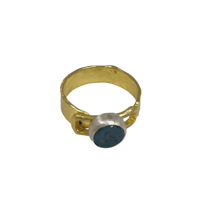 ARTIZ | 'Small Carved Ring'- Bird | aqua round stone | silver + bronze | hand carved surface
