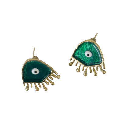 ARTIZ | 'Fringed Eye Earrings' | Green enamel | Bronze/ silver / gold
