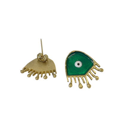 ARTIZ | 'Fringed Eye Earrings' | Green enamel | Bronze/ silver / gold