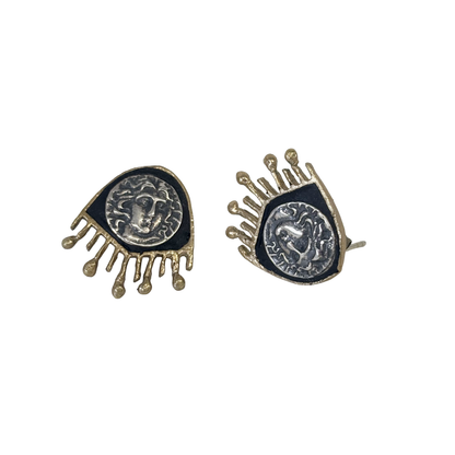 ARTIZ | 'Coin Fringed Earrings' | Black enamel | Bronze/ silver / gold
