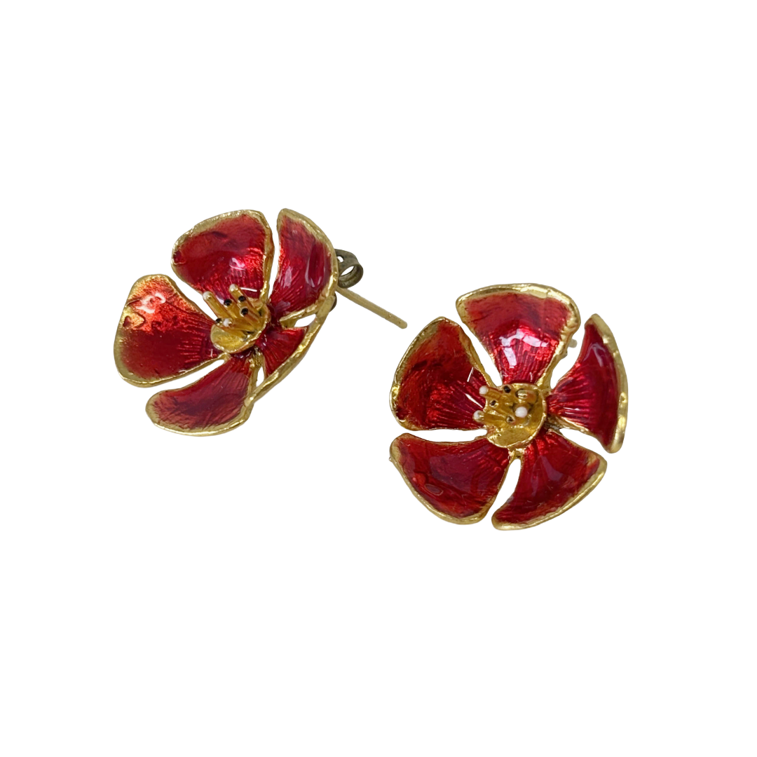 ARTIZ | ‘Enamel Flower Studs’ | Bronze / red enamel
