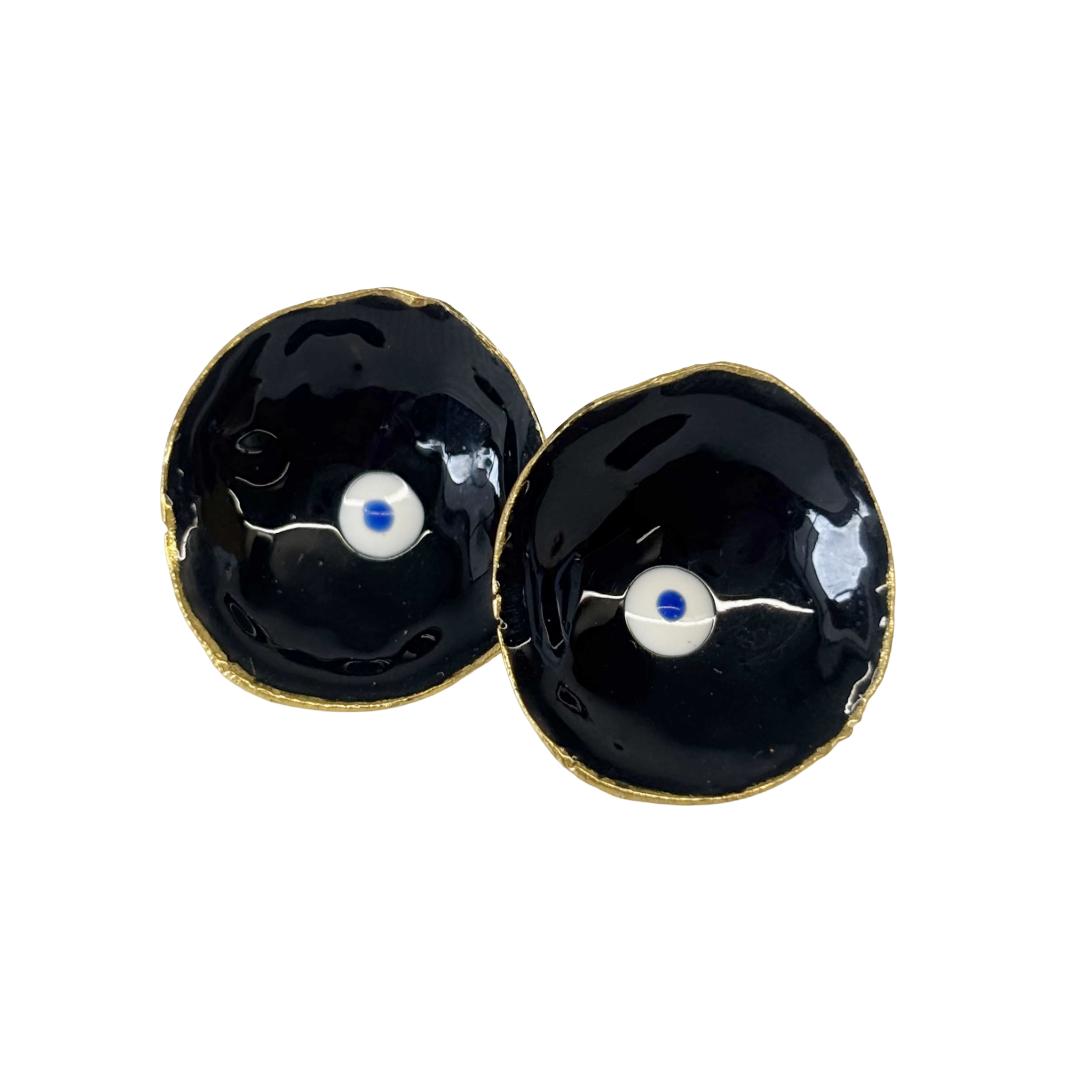 ARTIZ | ‘Evil Eye Cup Stud Earrings’ | Black enamel | bronze + enamel