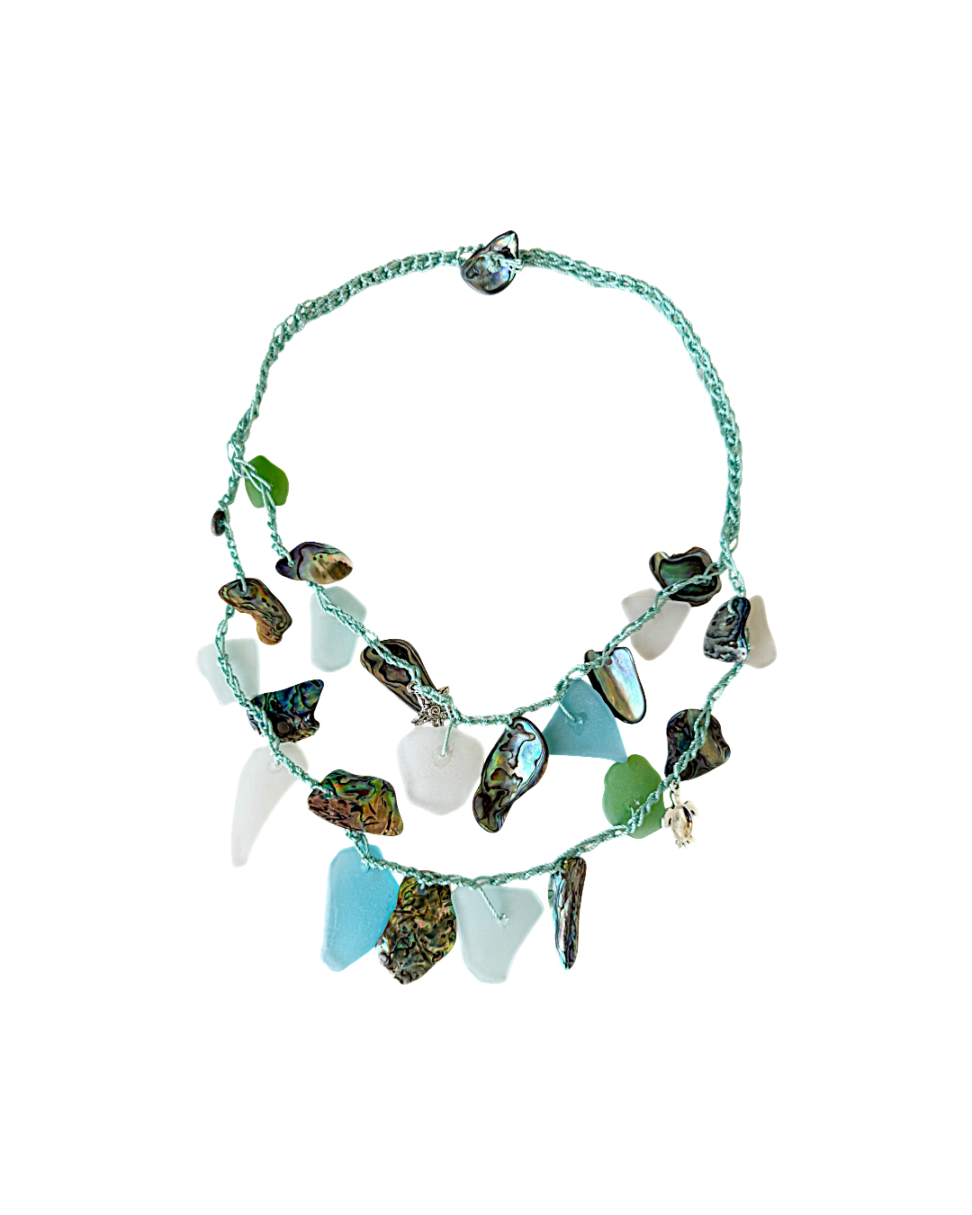 WILD THINGS | ‘Sea-glass + Crotchet Necklace: Coral Sea blue' | Beach glass / recycled glass / cord / charms / shell