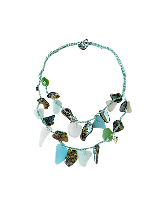 WILD THINGS | ‘Sea-glass + Crotchet Necklace: Coral Sea blue' | Beach glass / recycled glass / cord / charms / shell