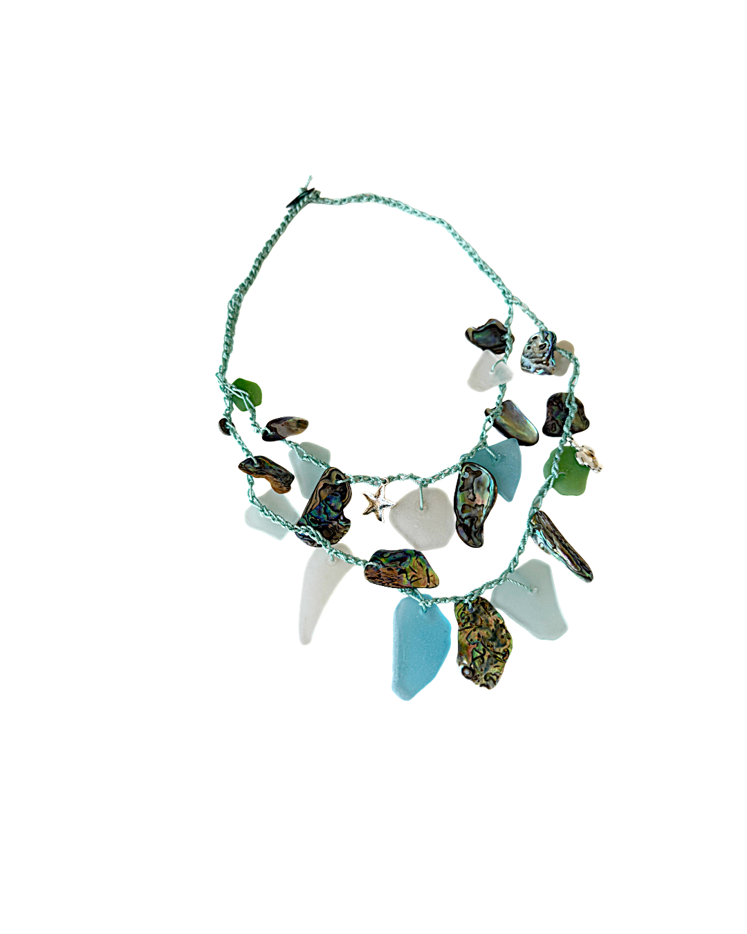 WILD THINGS | ‘Sea-glass + Crotchet Necklace: Coral Sea blue' | Beach glass / recycled glass / cord / charms / shell