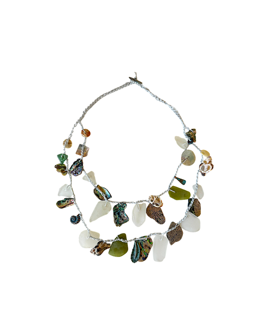 WILD THINGS | ‘Sea-glass + Crotchet Necklace: Monsoon grey' | Beach glass / recycled glass / cord / charms / shell