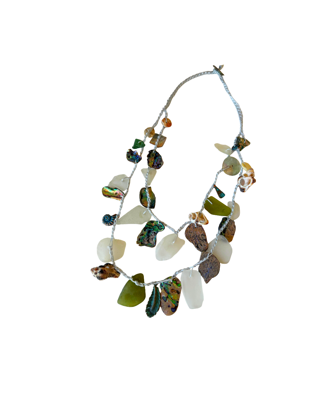 WILD THINGS | ‘Sea-glass + Crotchet Necklace: Monsoon grey' | Beach glass / recycled glass / cord / charms / shell