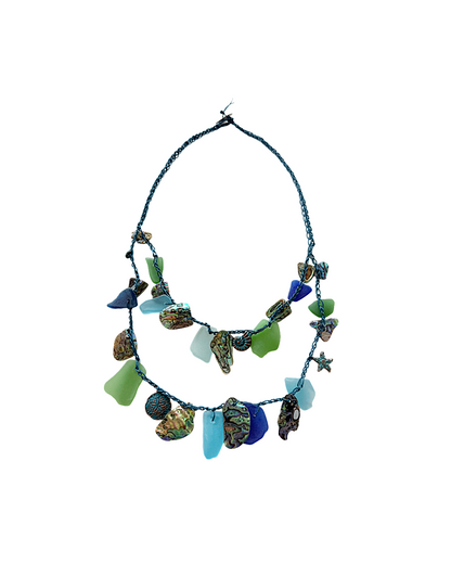 WILD THINGS | ‘Sea-glass + Crotchet Necklace:  Deep Blue Sea' | Beach glass / recycled glass / cord / charms / shell
