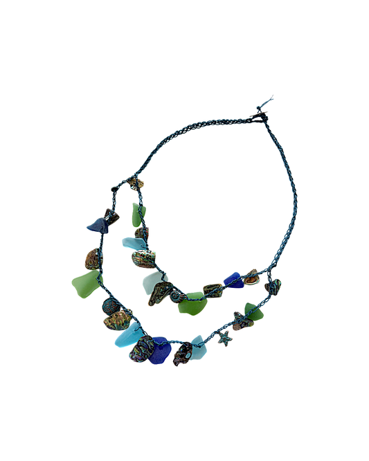 WILD THINGS | ‘Sea-glass + Crotchet Necklace:  Deep Blue Sea' | Beach glass / recycled glass / cord / charms / shell