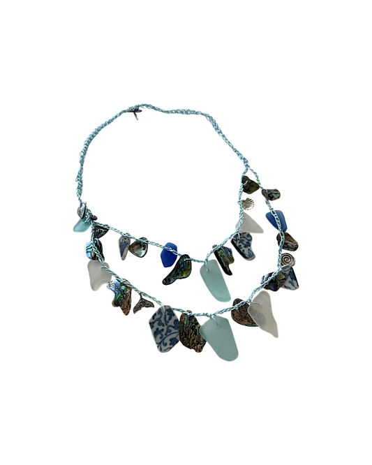 WILD THINGS | ‘Sea-glass + Crotchet Necklace: Blue Ice & Coral Sea' | Beach glass / recycled glass / cord / charms / shell