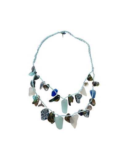 WILD THINGS | ‘Sea-glass + Crotchet Necklace: Blue Ice & Coral Sea' | Beach glass / recycled glass / cord / charms / shell