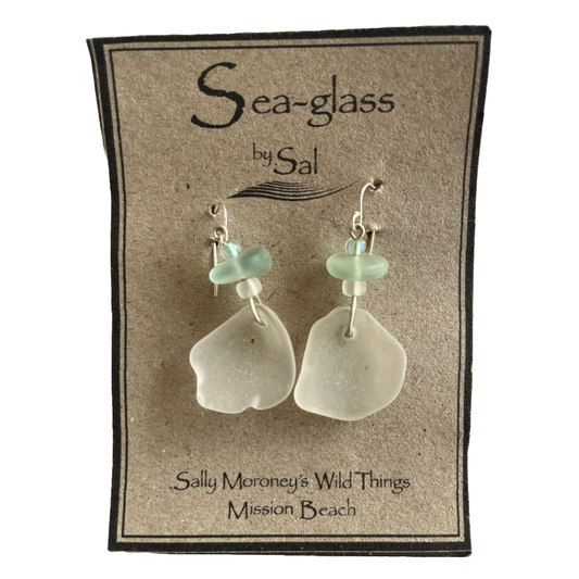 WILD THINGS | ‘Sea-glass Earrings Light Green and White’ | Sterling Silver / beach + recycled glass