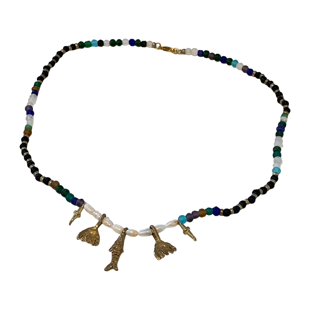 ARTIZ | 'Sea Charms ’ Necklace | Mixed Beads + Pearls | Bronze charms