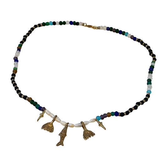 ARTIZ | 'Sea Charms ’ Necklace | Mixed Beads + Pearls | Bronze charms