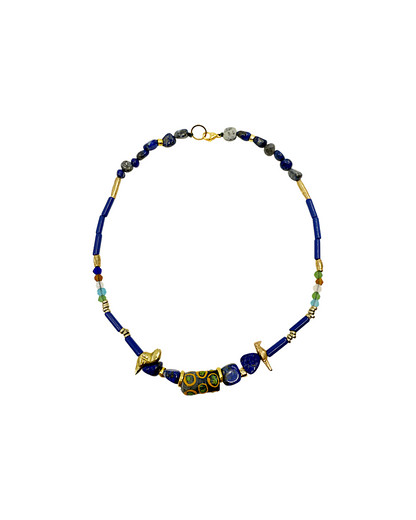 ARTIZ | 'Spring Collection Necklace – Short (10)’ | Lapis lazuli / hand cut glass beads / gold plated bronze / bronze