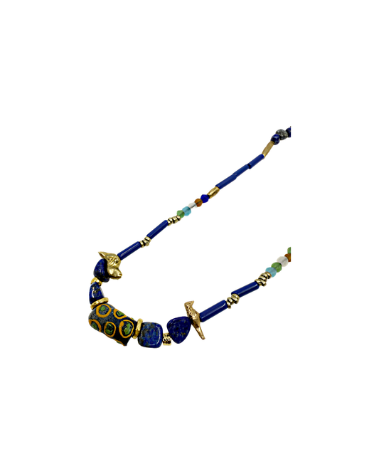 ARTIZ | 'Spring Collection Necklace – Short (10)’ | Lapis lazuli / hand cut glass beads / gold plated bronze / bronze