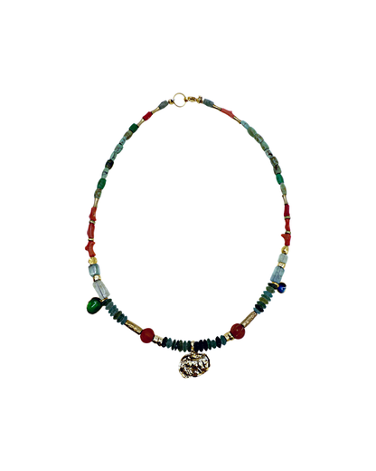 ARTIZ | 'Spring Collection Necklace – Short (11)’ | Red and pink coral / Antique Roman glass / turquoise / bronze / enamel