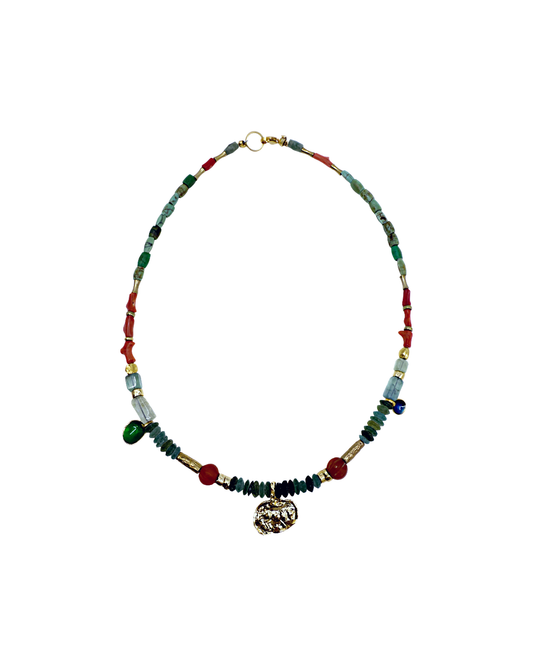 ARTIZ | 'Spring Collection Necklace – Short (11)’ | Red and pink coral / Antique Roman glass / turquoise / bronze / enamel